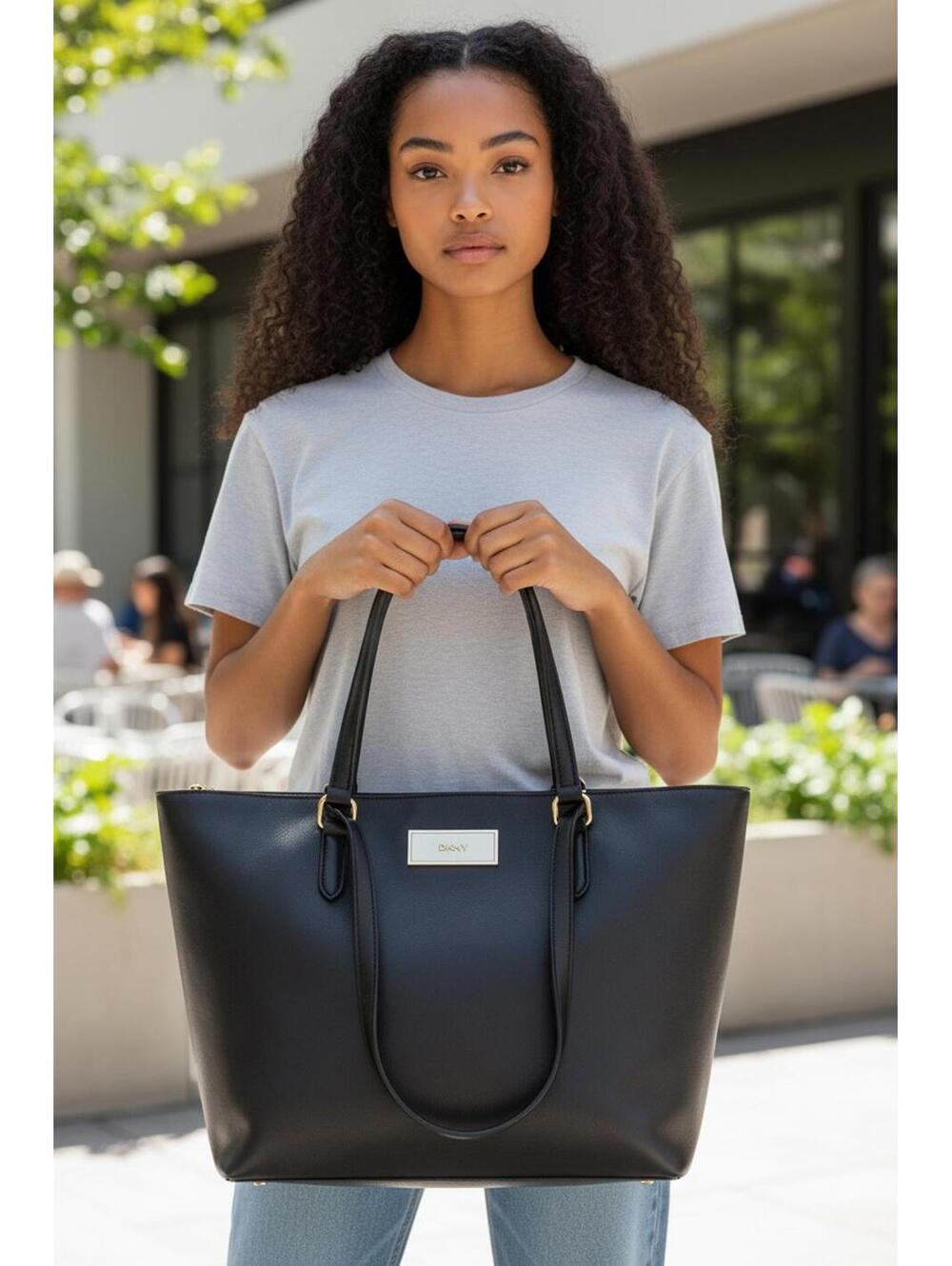 DKNY Black Leather Tote Handbag with Zipper Detail